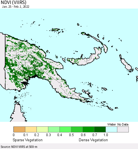 Papua New Guinea NDVI (VIIRS) Thematic Map For 1/25/2022 - 2/1/2022