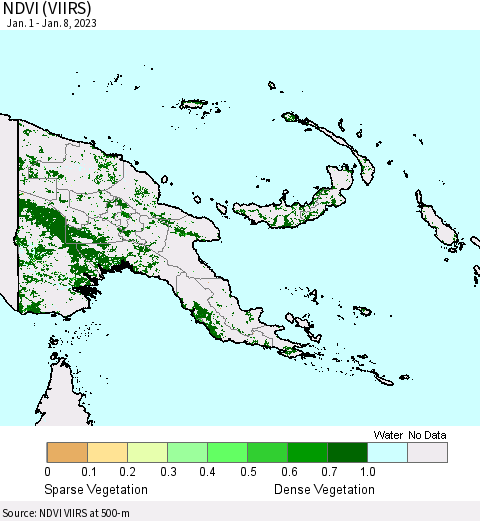 Papua New Guinea NDVI (VIIRS) Thematic Map For 1/1/2023 - 1/8/2023