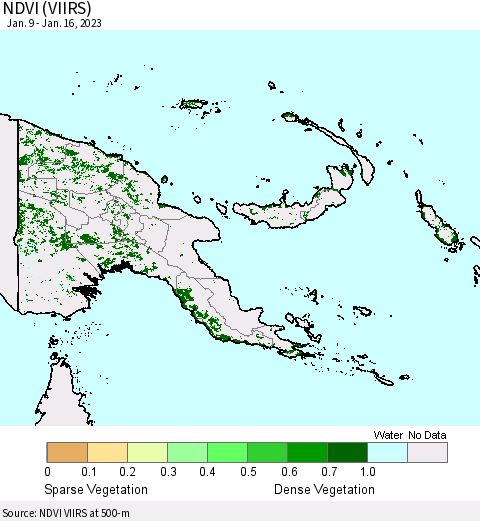 Papua New Guinea NDVI (VIIRS) Thematic Map For 1/9/2023 - 1/16/2023
