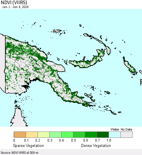 Papua New Guinea NDVI (VIIRS) Thematic Map For 1/1/2024 - 1/8/2024