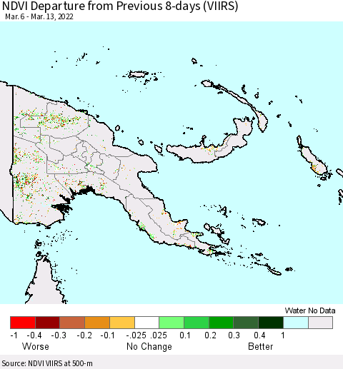Papua New Guinea NDVI Departure from Previous 8-days (VIIRS) Thematic Map For 3/6/2022 - 3/13/2022