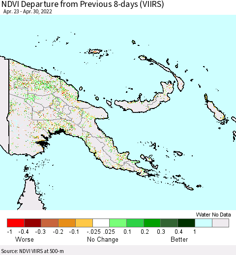 Papua New Guinea NDVI Departure from Previous 8-days (VIIRS) Thematic Map For 4/23/2022 - 4/30/2022