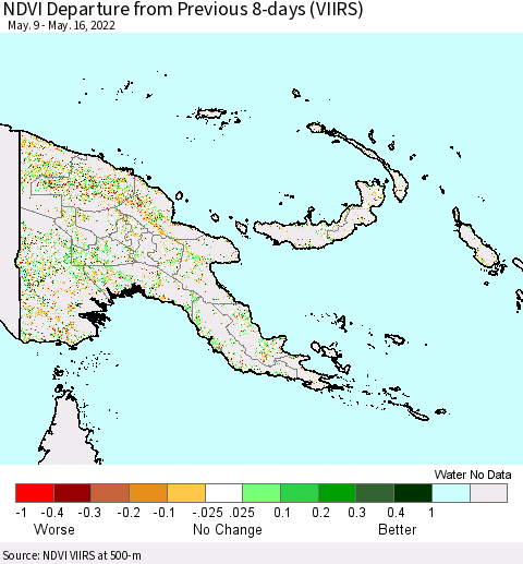 Papua New Guinea NDVI Departure from Previous 8-days (VIIRS) Thematic Map For 5/9/2022 - 5/16/2022