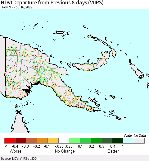 Papua New Guinea NDVI Departure from Previous 8-days (VIIRS) Thematic Map For 11/9/2022 - 11/16/2022