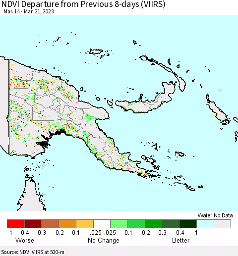 Papua New Guinea NDVI Departure from Previous 8-days (VIIRS) Thematic Map For 3/14/2023 - 3/21/2023