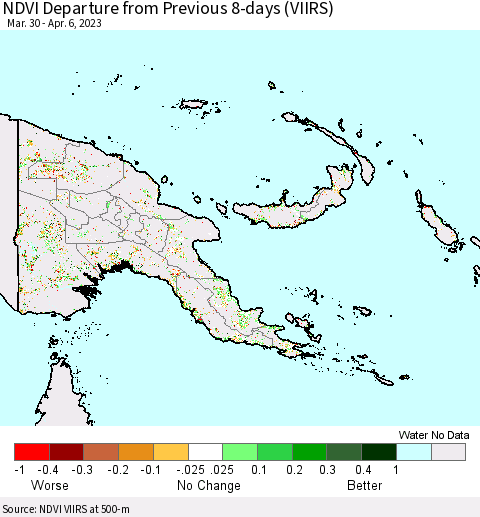 Papua New Guinea NDVI Departure from Previous 8-days (VIIRS) Thematic Map For 3/30/2023 - 4/6/2023