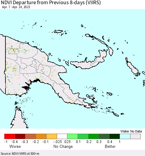 Papua New Guinea NDVI Departure from Previous 8-days (VIIRS) Thematic Map For 4/7/2023 - 4/14/2023