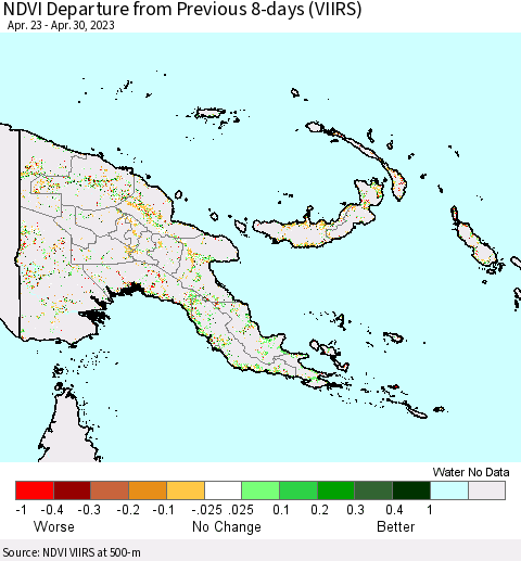 Papua New Guinea NDVI Departure from Previous 8-days (VIIRS) Thematic Map For 4/23/2023 - 4/30/2023