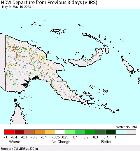 Papua New Guinea NDVI Departure from Previous 8-days (VIIRS) Thematic Map For 5/9/2023 - 5/16/2023
