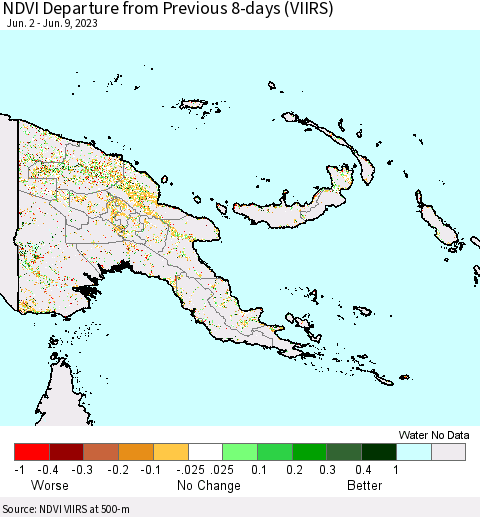 Papua New Guinea NDVI Departure from Previous 8-days (VIIRS) Thematic Map For 6/2/2023 - 6/9/2023