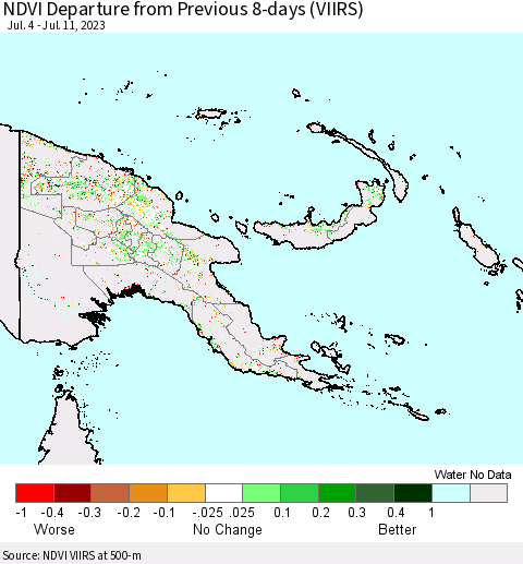 Papua New Guinea NDVI Departure from Previous 8-days (VIIRS) Thematic Map For 7/4/2023 - 7/11/2023