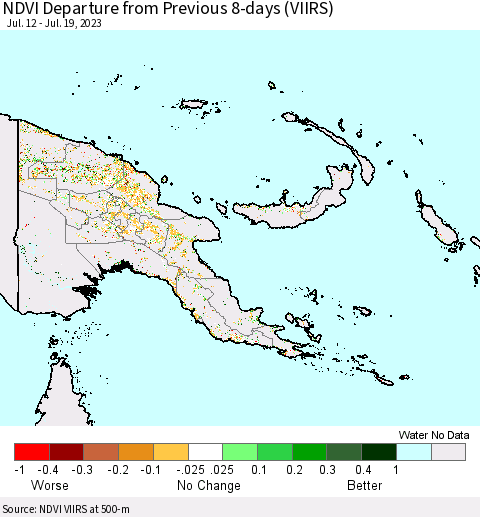 Papua New Guinea NDVI Departure from Previous 8-days (VIIRS) Thematic Map For 7/12/2023 - 7/19/2023