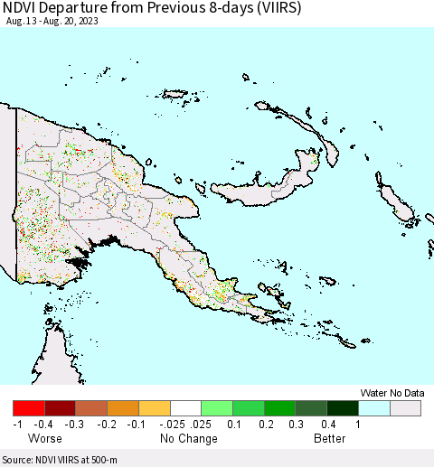 Papua New Guinea NDVI Departure from Previous 8-days (VIIRS) Thematic Map For 8/13/2023 - 8/20/2023