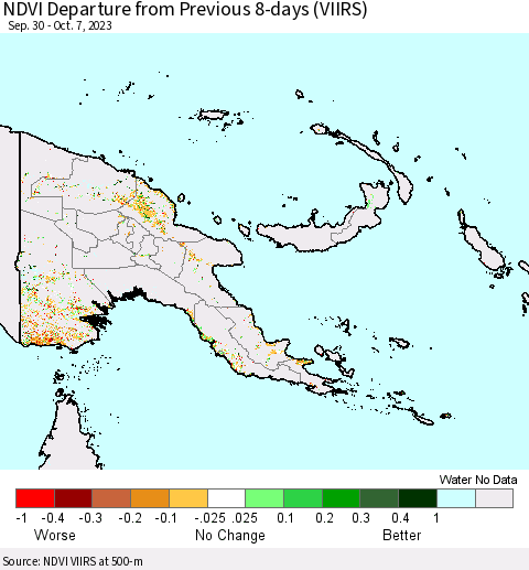 Papua New Guinea NDVI Departure from Previous 8-days (VIIRS) Thematic Map For 9/30/2023 - 10/7/2023