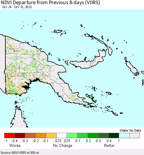 Papua New Guinea NDVI Departure from Previous 8-days (VIIRS) Thematic Map For 10/24/2023 - 10/31/2023