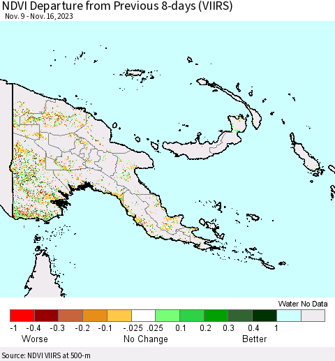 Papua New Guinea NDVI Departure from Previous 8-days (VIIRS) Thematic Map For 11/9/2023 - 11/16/2023