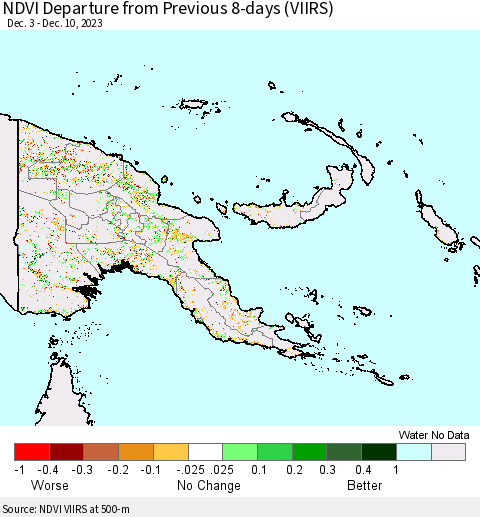 Papua New Guinea NDVI Departure from Previous 8-days (VIIRS) Thematic Map For 12/3/2023 - 12/10/2023