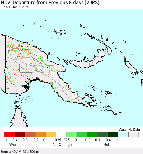 Papua New Guinea NDVI Departure from Previous 8-days (VIIRS) Thematic Map For 1/1/2024 - 1/8/2024
