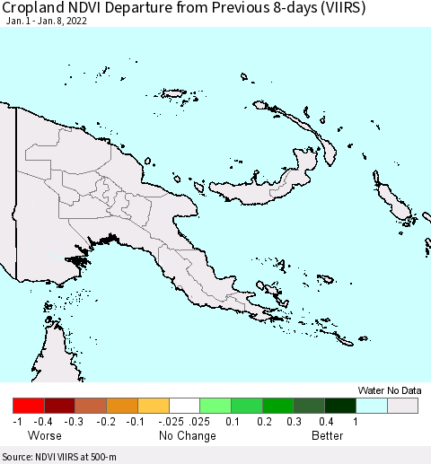 Papua New Guinea Cropland NDVI Departure from Previous 8-days (VIIRS) Thematic Map For 1/1/2022 - 1/8/2022