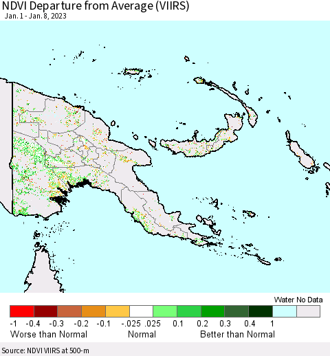 Papua New Guinea NDVI Departure from Average (VIIRS) Thematic Map For 1/1/2023 - 1/8/2023