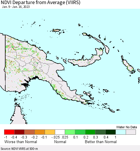 Papua New Guinea NDVI Departure from Average (VIIRS) Thematic Map For 1/9/2023 - 1/16/2023