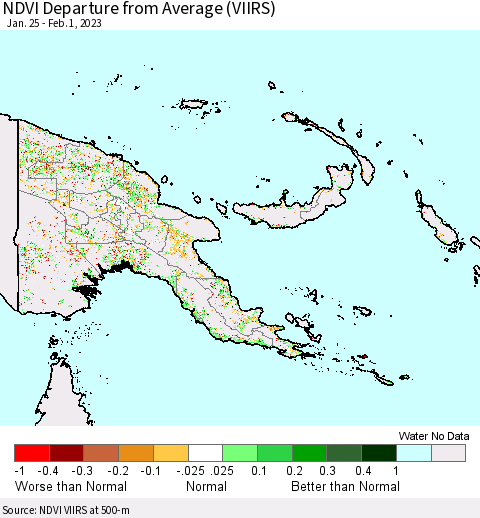 Papua New Guinea NDVI Departure from Average (VIIRS) Thematic Map For 1/25/2023 - 2/1/2023