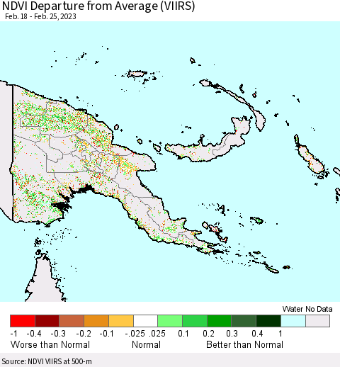 Papua New Guinea NDVI Departure from Average (VIIRS) Thematic Map For 2/18/2023 - 2/25/2023