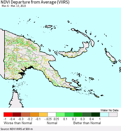 Papua New Guinea NDVI Departure from Average (VIIRS) Thematic Map For 3/6/2023 - 3/13/2023