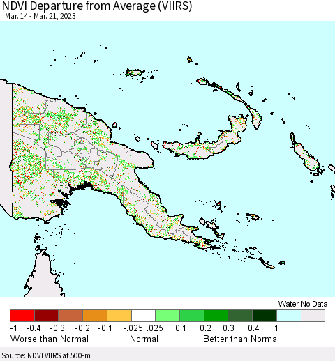 Papua New Guinea NDVI Departure from Average (VIIRS) Thematic Map For 3/14/2023 - 3/21/2023