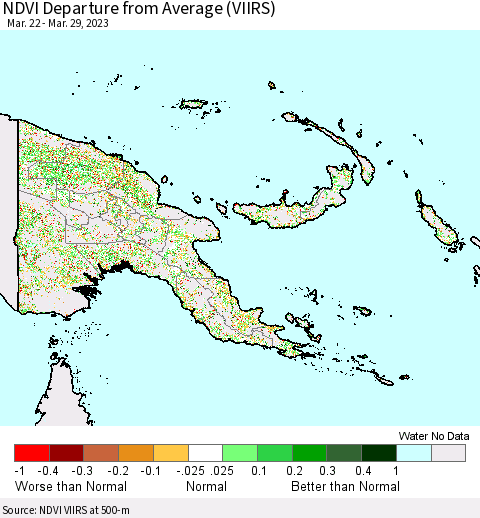 Papua New Guinea NDVI Departure from Average (VIIRS) Thematic Map For 3/22/2023 - 3/29/2023