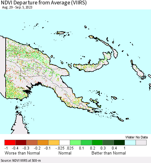 Papua New Guinea NDVI Departure from Average (VIIRS) Thematic Map For 8/29/2023 - 9/5/2023