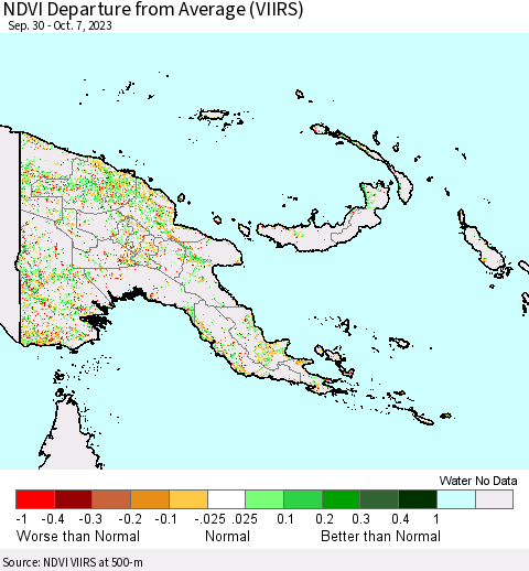 Papua New Guinea NDVI Departure from Average (VIIRS) Thematic Map For 9/30/2023 - 10/7/2023