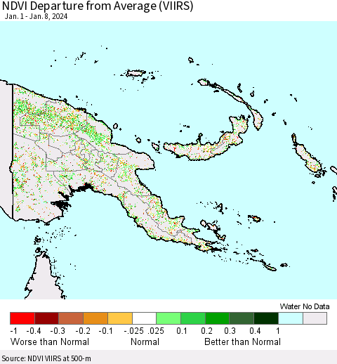 Papua New Guinea NDVI Departure from Average (VIIRS) Thematic Map For 1/1/2024 - 1/8/2024