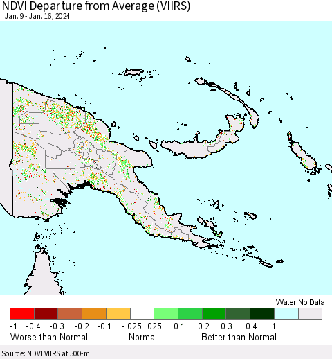 Papua New Guinea NDVI Departure from Average (VIIRS) Thematic Map For 1/9/2024 - 1/16/2024