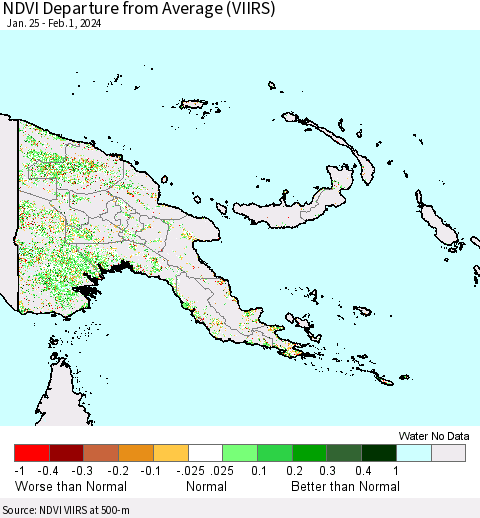 Papua New Guinea NDVI Departure from Average (VIIRS) Thematic Map For 1/25/2024 - 2/1/2024