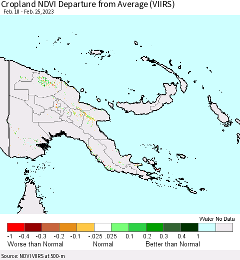 Papua New Guinea Cropland NDVI Departure from Average (VIIRS) Thematic Map For 2/18/2023 - 2/25/2023