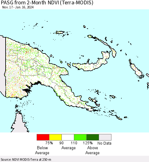 Papua New Guinea PASG from 2-Month NDVI (Terra-MODIS) Thematic Map For 1/9/2024 - 1/16/2024