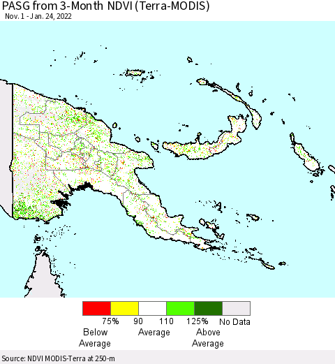 Papua New Guinea PASG from 3-Month NDVI (Terra-MODIS) Thematic Map For 1/17/2022 - 1/24/2022