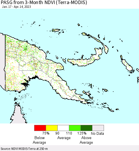 Papua New Guinea PASG from 3-Month NDVI (Terra-MODIS) Thematic Map For 4/7/2023 - 4/14/2023