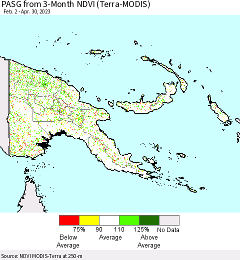Papua New Guinea PASG from 3-Month NDVI (Terra-MODIS) Thematic Map For 4/23/2023 - 4/30/2023