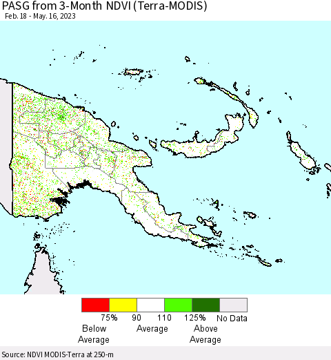 Papua New Guinea PASG from 3-Month NDVI (Terra-MODIS) Thematic Map For 5/9/2023 - 5/16/2023