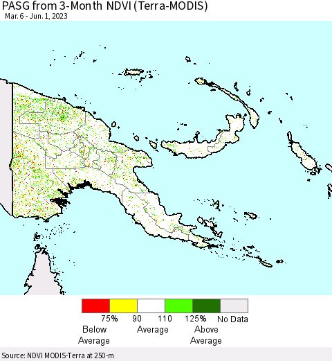 Papua New Guinea PASG from 3-Month NDVI (Terra-MODIS) Thematic Map For 5/25/2023 - 6/1/2023