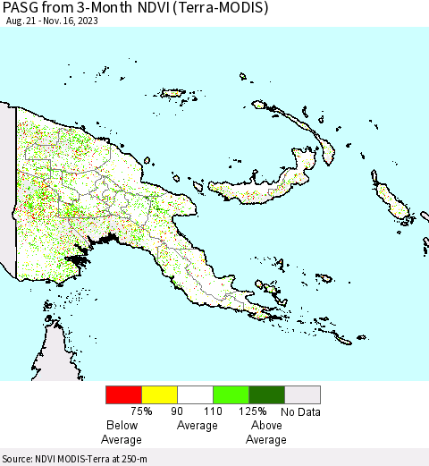 Papua New Guinea PASG from 3-Month NDVI (Terra-MODIS) Thematic Map For 11/9/2023 - 11/16/2023