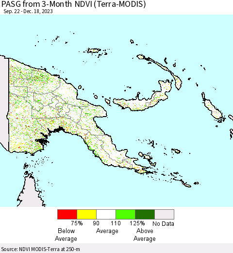Papua New Guinea PASG from 3-Month NDVI (Terra-MODIS) Thematic Map For 12/11/2023 - 12/18/2023