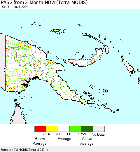 Papua New Guinea PASG from 3-Month NDVI (Terra-MODIS) Thematic Map For 12/27/2023 - 1/3/2024