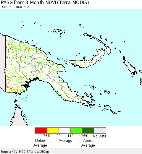 Papua New Guinea PASG from 3-Month NDVI (Terra-MODIS) Thematic Map For 1/1/2024 - 1/8/2024
