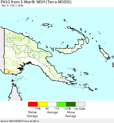 Papua New Guinea PASG from 3-Month NDVI (Terra-MODIS) Thematic Map For 1/25/2024 - 2/1/2024