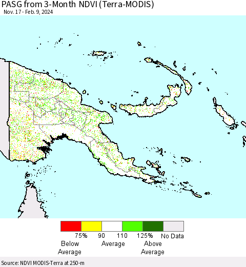 Papua New Guinea PASG from 3-Month NDVI (Terra-MODIS) Thematic Map For 2/2/2024 - 2/9/2024