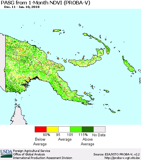Papua New Guinea PASG from 1-Month NDVI (PROBA-V) Thematic Map For 1/1/2018 - 1/10/2018