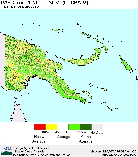 Papua New Guinea PASG from 1-Month NDVI (PROBA-V) Thematic Map For 1/11/2018 - 1/20/2018